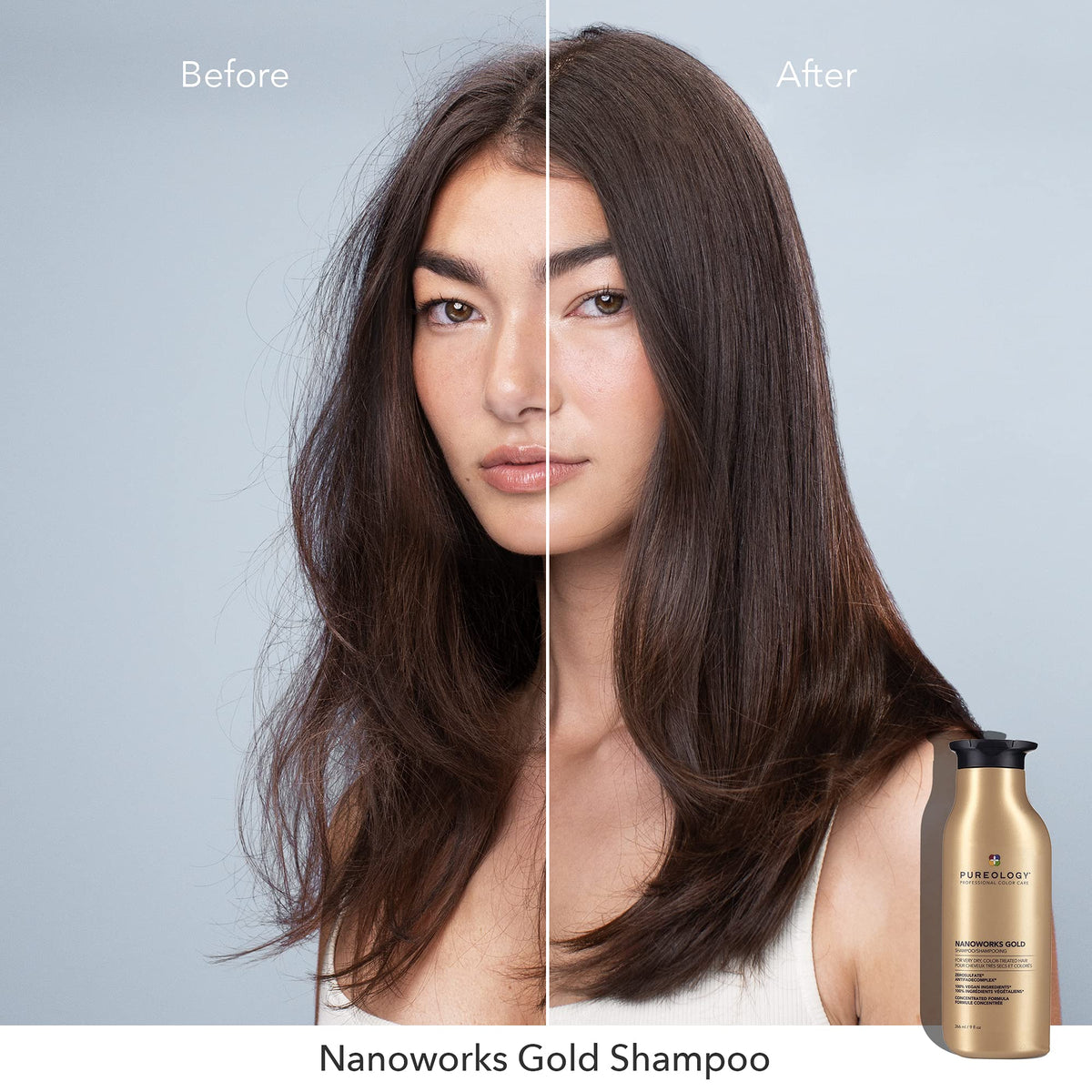 Pureology shampoo texture pouring into hand showing rich lather and moisturizing action