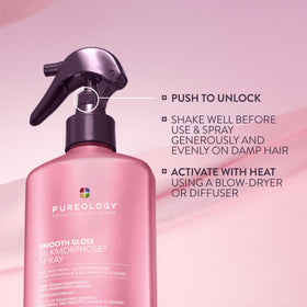 Pureology before-and-after split showing smoother, glossier color-treated hair