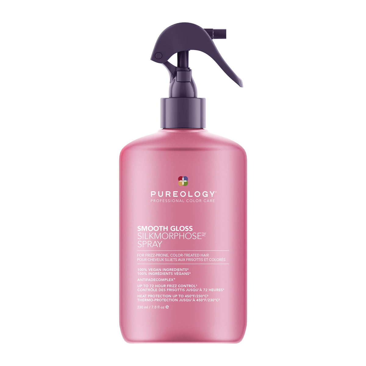 Pureology bottle front view showing sleek heat-activated mist and brand benefit