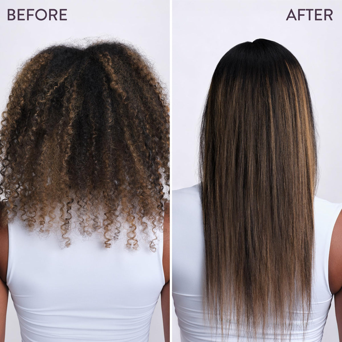Pureology applying spray to damp hair demonstrating easy detangling benefit