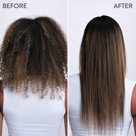 Pureology applying spray to damp hair demonstrating easy detangling benefit