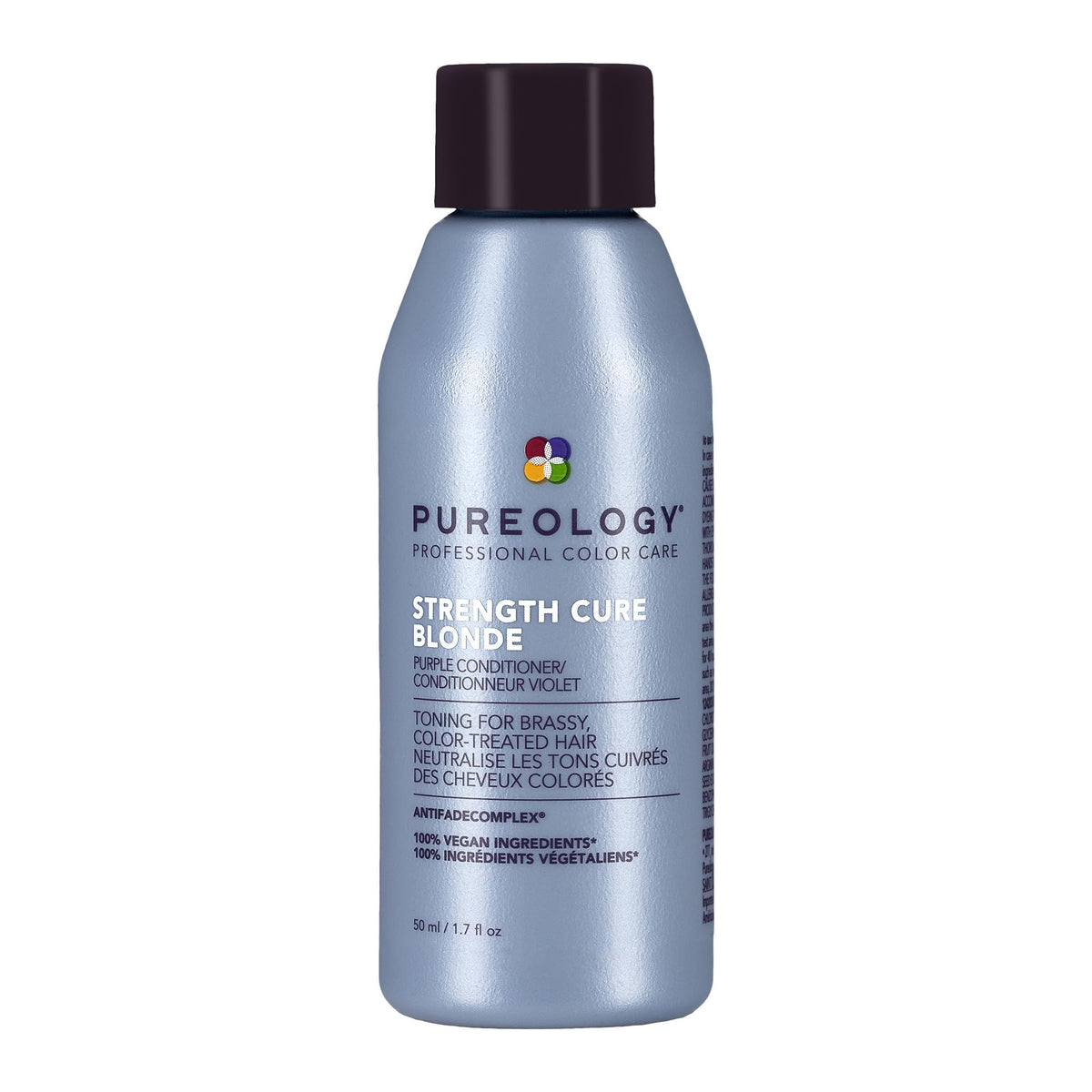 Pureology front bottle showing purple conditioner, tones brass and protects