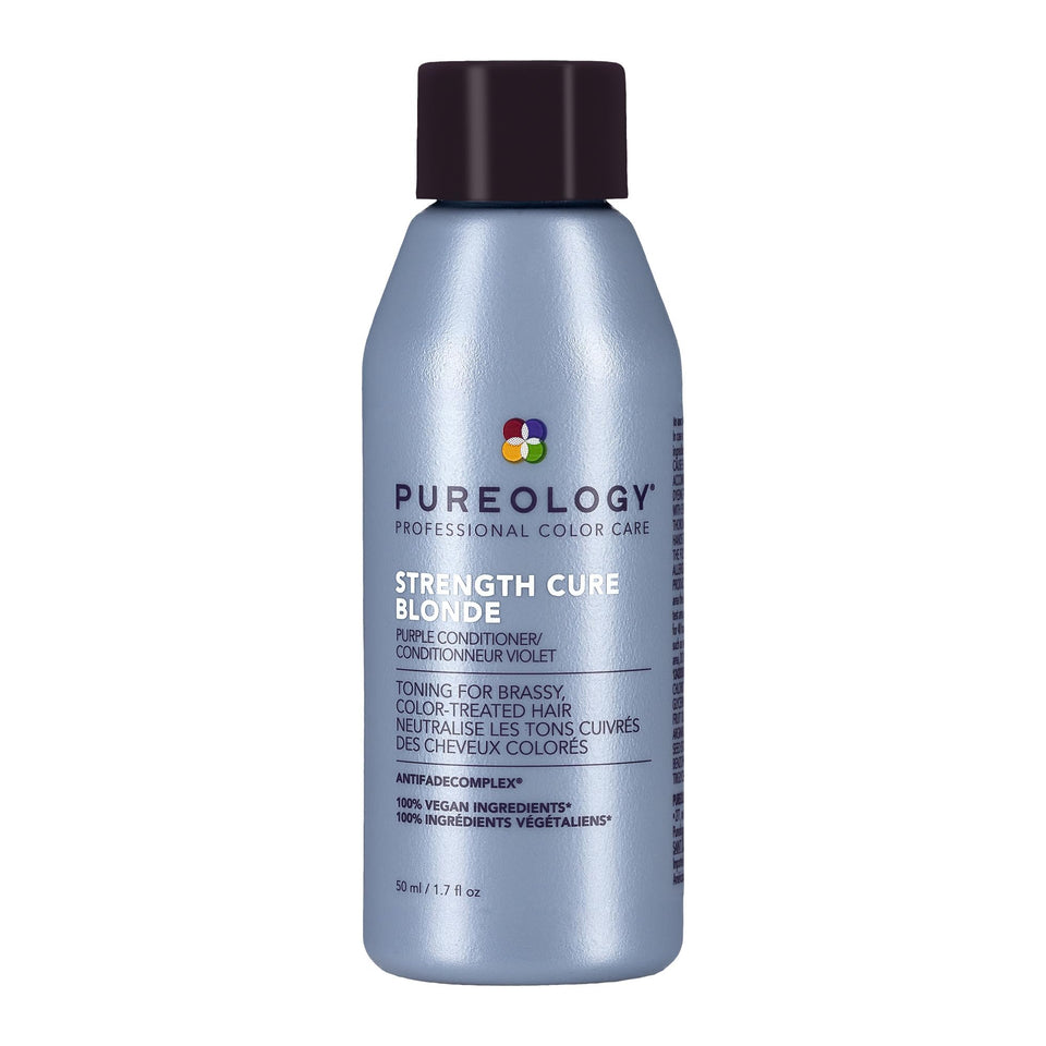 Pureology front bottle showing purple conditioner, tones brass and protects