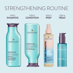 Pureology Strength Cure Conditioner before and after hair illustrating reduced breakage