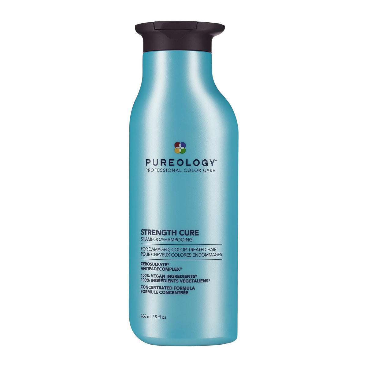 Pureology bottle front view showing Strength Cure Shampoo and vibrant color protection