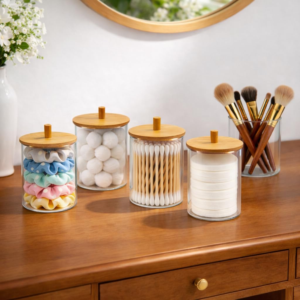 PureRoot jars styled on a bathroom counter to create a neat, spa-like feel