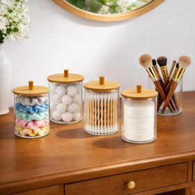 PureRoot jars styled on a bathroom counter to create a neat, spa-like feel