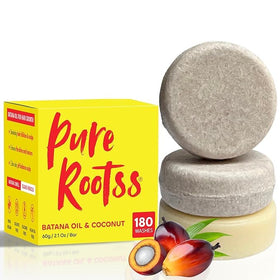PureRootss Batana oil shampoo bar front view showing compact, plastic-free packaging and portability