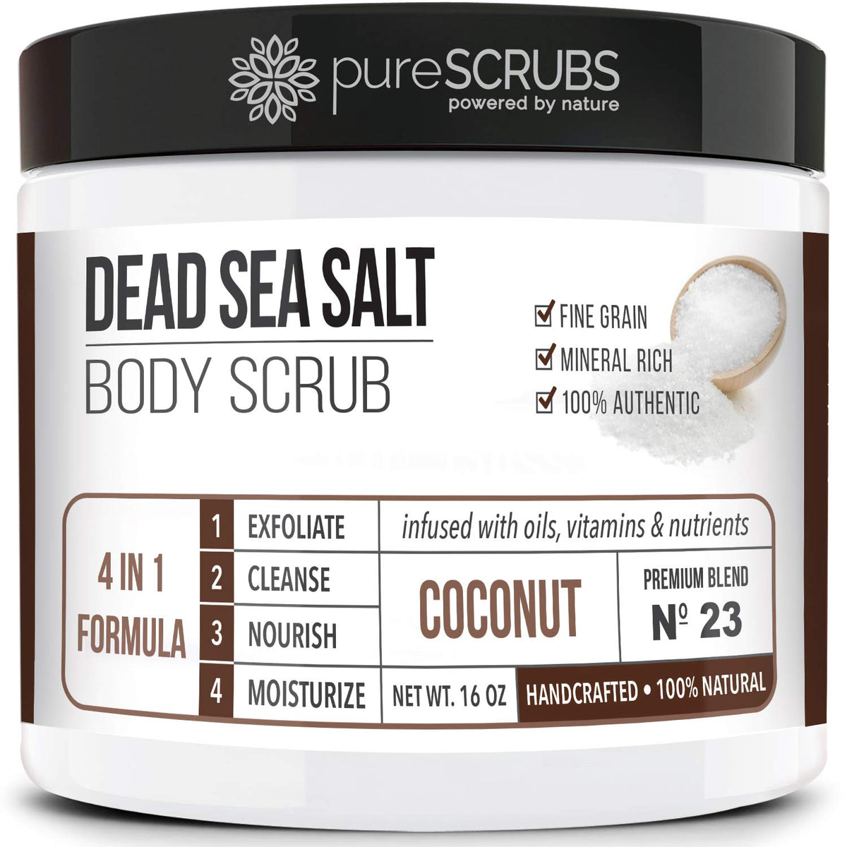 pureSCRUBS jar front view showcasing coconut scrub and smooth skin results