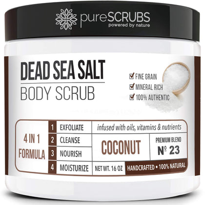 pureSCRUBS jar front view showcasing coconut scrub and smooth skin results