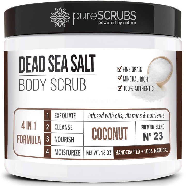 pureSCRUBS jar front view showcasing coconut scrub and smooth skin results