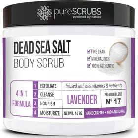 pureSCRUBS jar front view showing label and lavender scent, inviting smooth skin