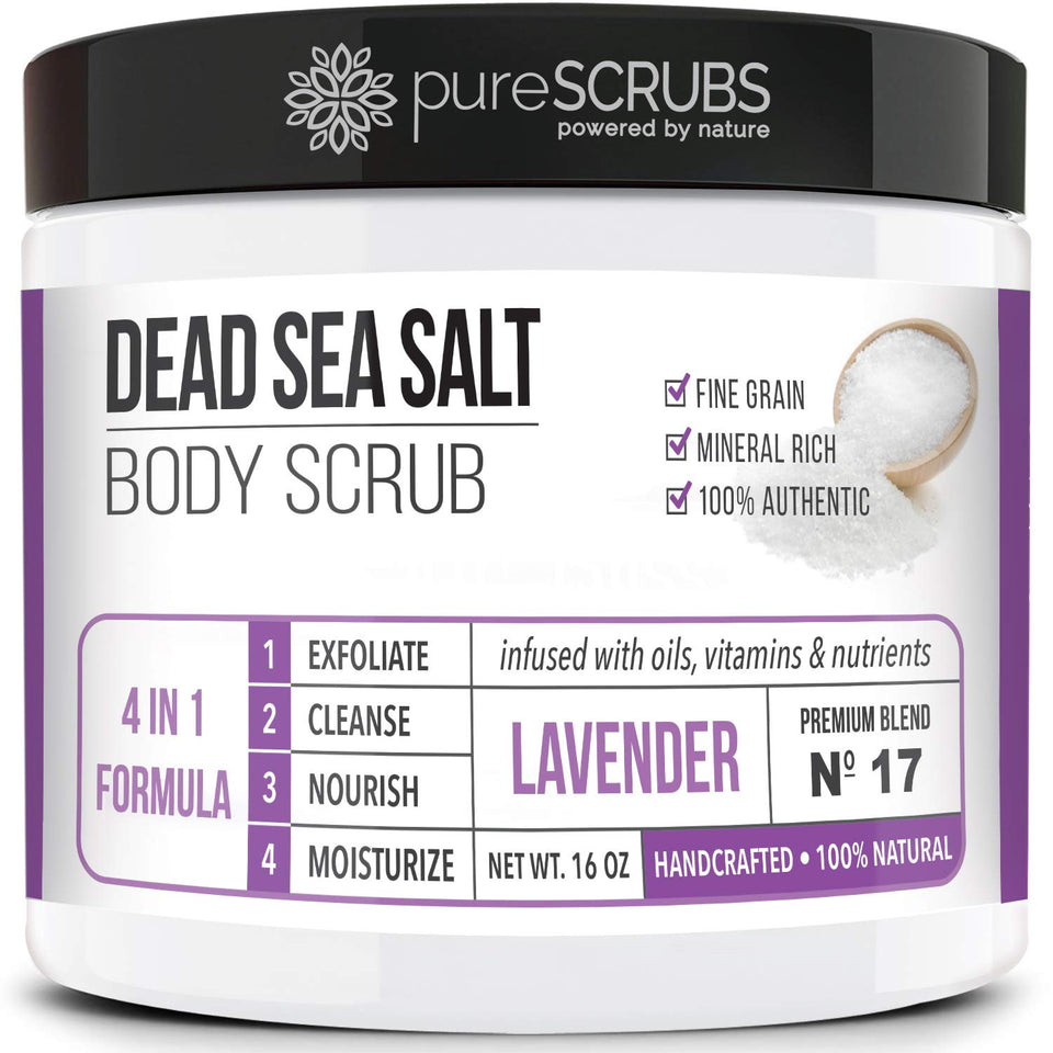 pureSCRUBS jar front view showing label and lavender scent, inviting smooth skin