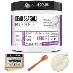 pureSCRUBS scrub kit styled in bathroom to suggest at-home spa relaxation