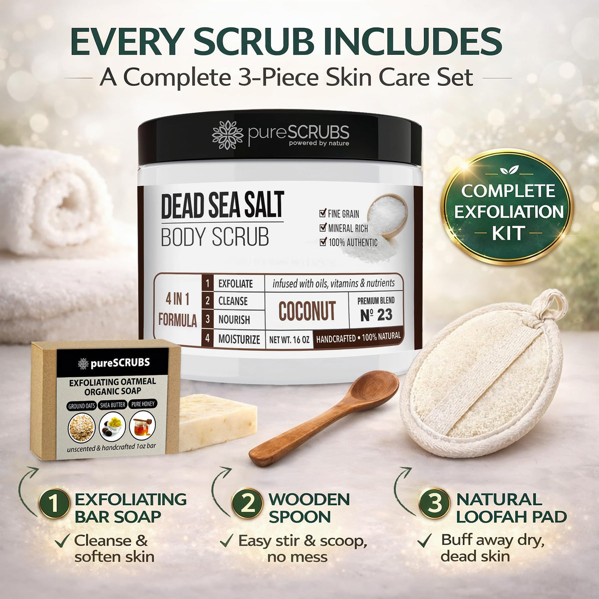 pureSCRUBS close-up scoop of scrub showing dead sea salt grains and nourishing oils