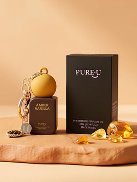 PUREU ingredient label close-up showing amber vanilla notes and USA-made quality benefit