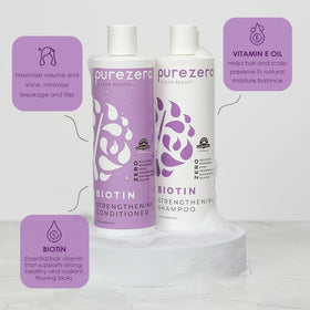Purezero twin bottles side-by-side highlighting complete biotin hair set