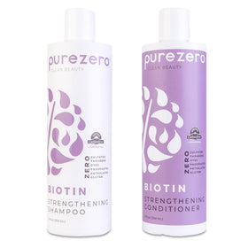 Purezero shampoo and conditioner front packaging showing brand and benefits