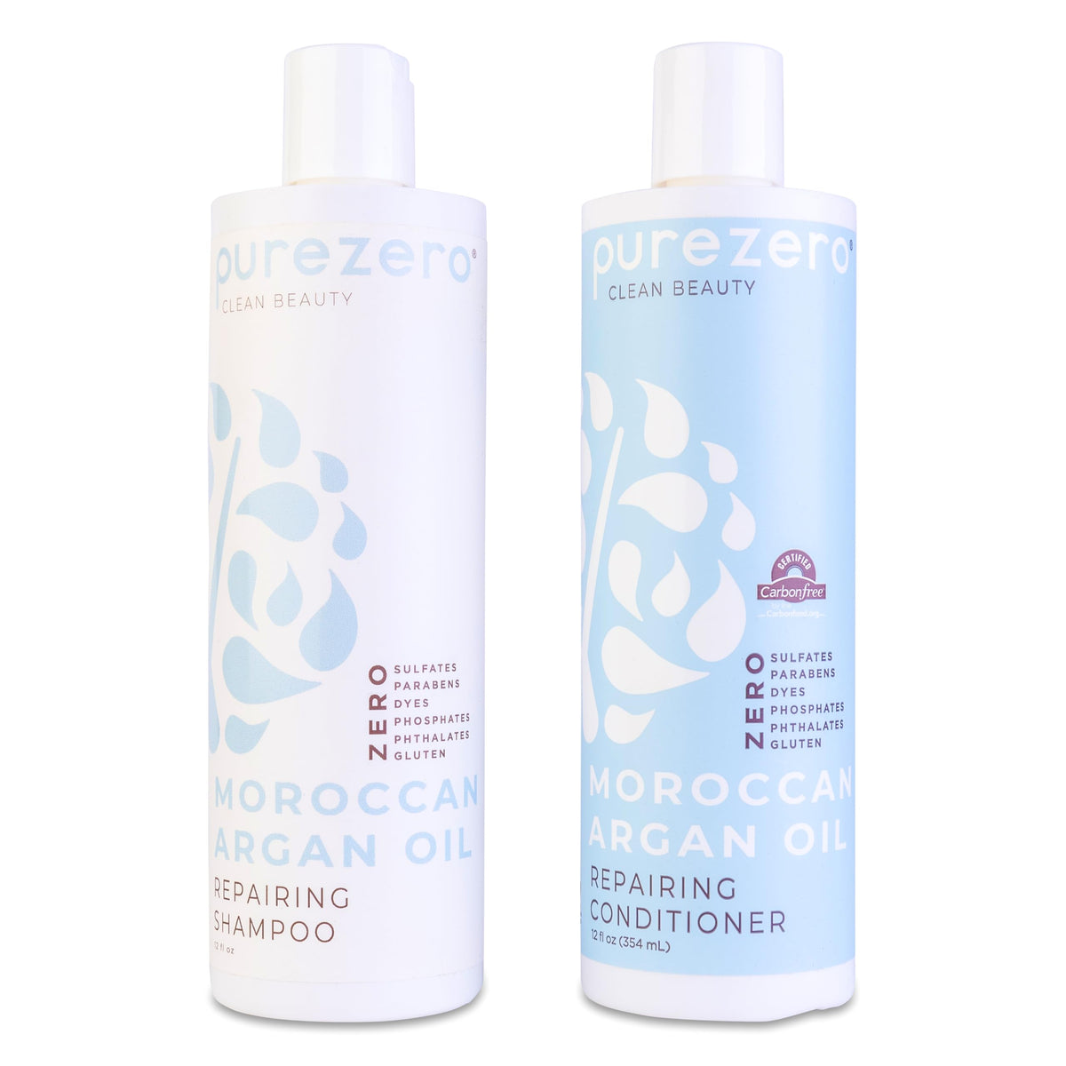 Purezero front packaging showing shampoo and conditioner for repair and shine