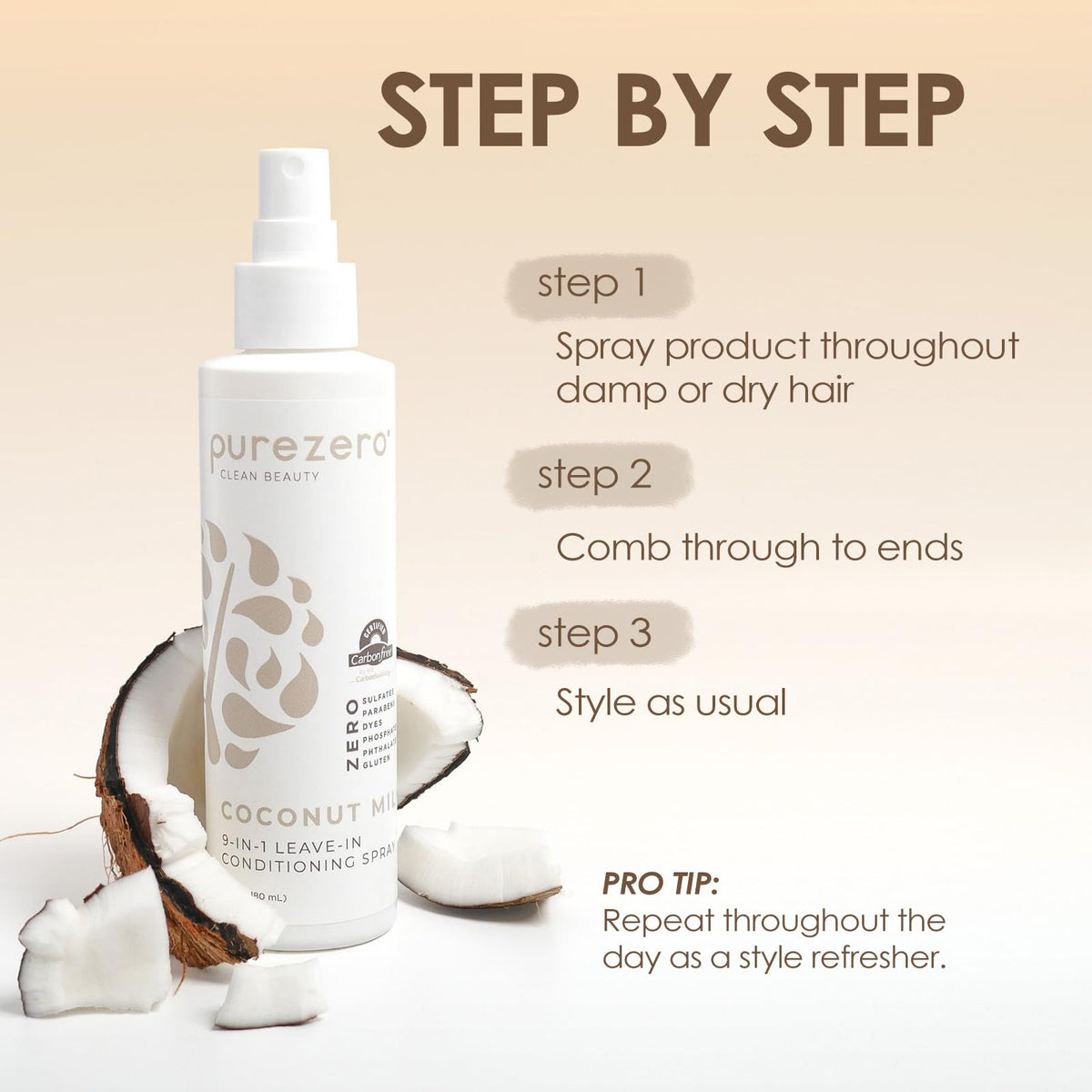 Purezero mist being applied to wet hair showing detangling and smoothing benefit while styling