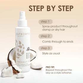 Purezero mist being applied to wet hair showing detangling and smoothing benefit while styling