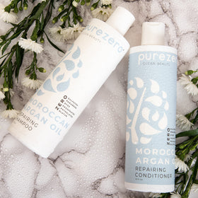 Purezero lifestyle on bathroom shelf suggesting daily clean beauty routine