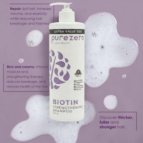 Purezero pump bottle closeup label highlighting ingredients and clean beauty benefits