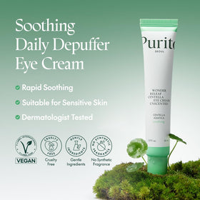 PURITO applying eye cream under-eye demonstrating depuffing and calming benefit