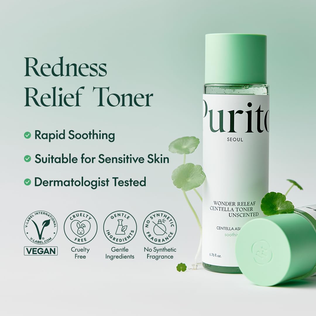 PURITO applying toner to hands, soothing effect for sensitive skin