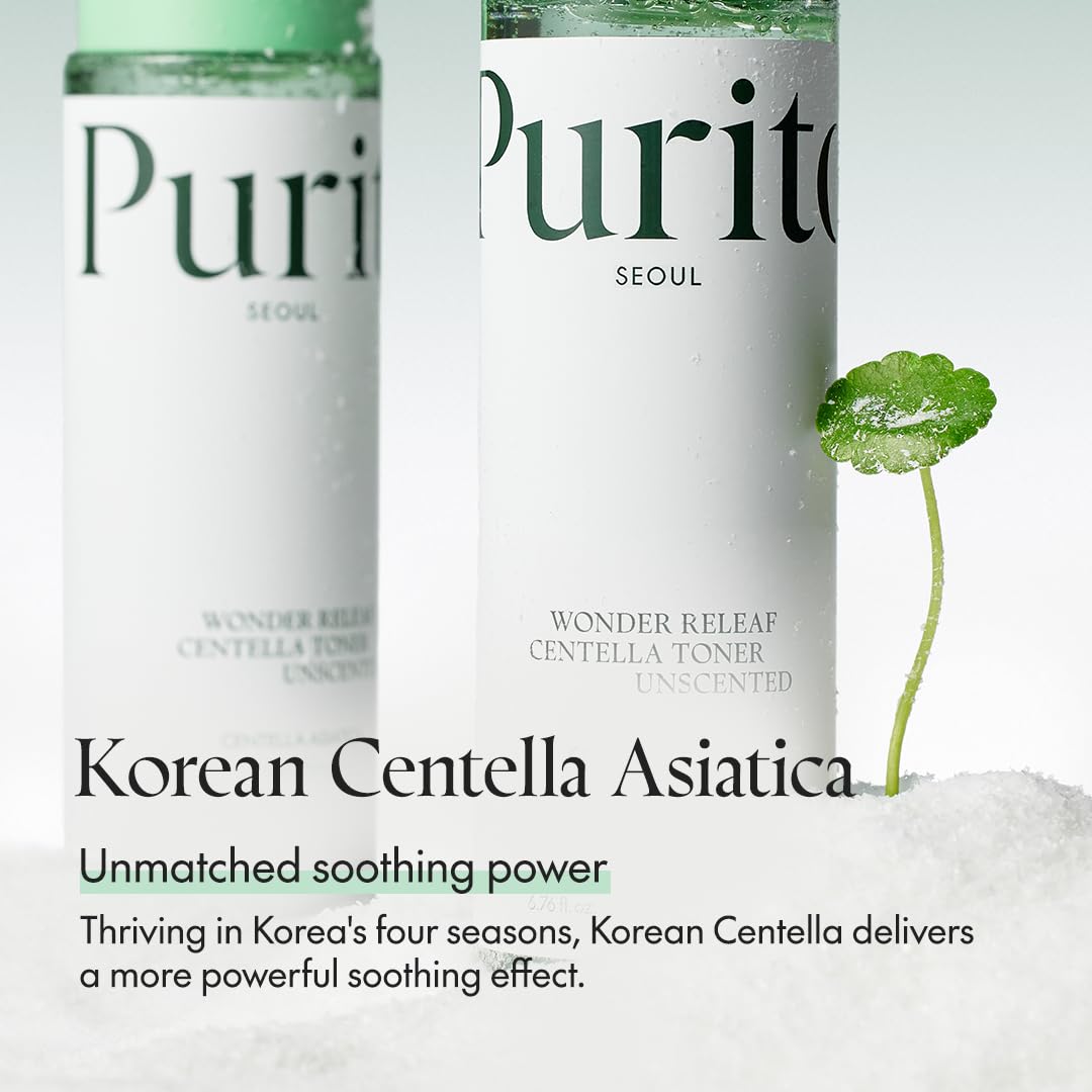 PURITO bottle on bathroom shelf, convenient daily calming skincare