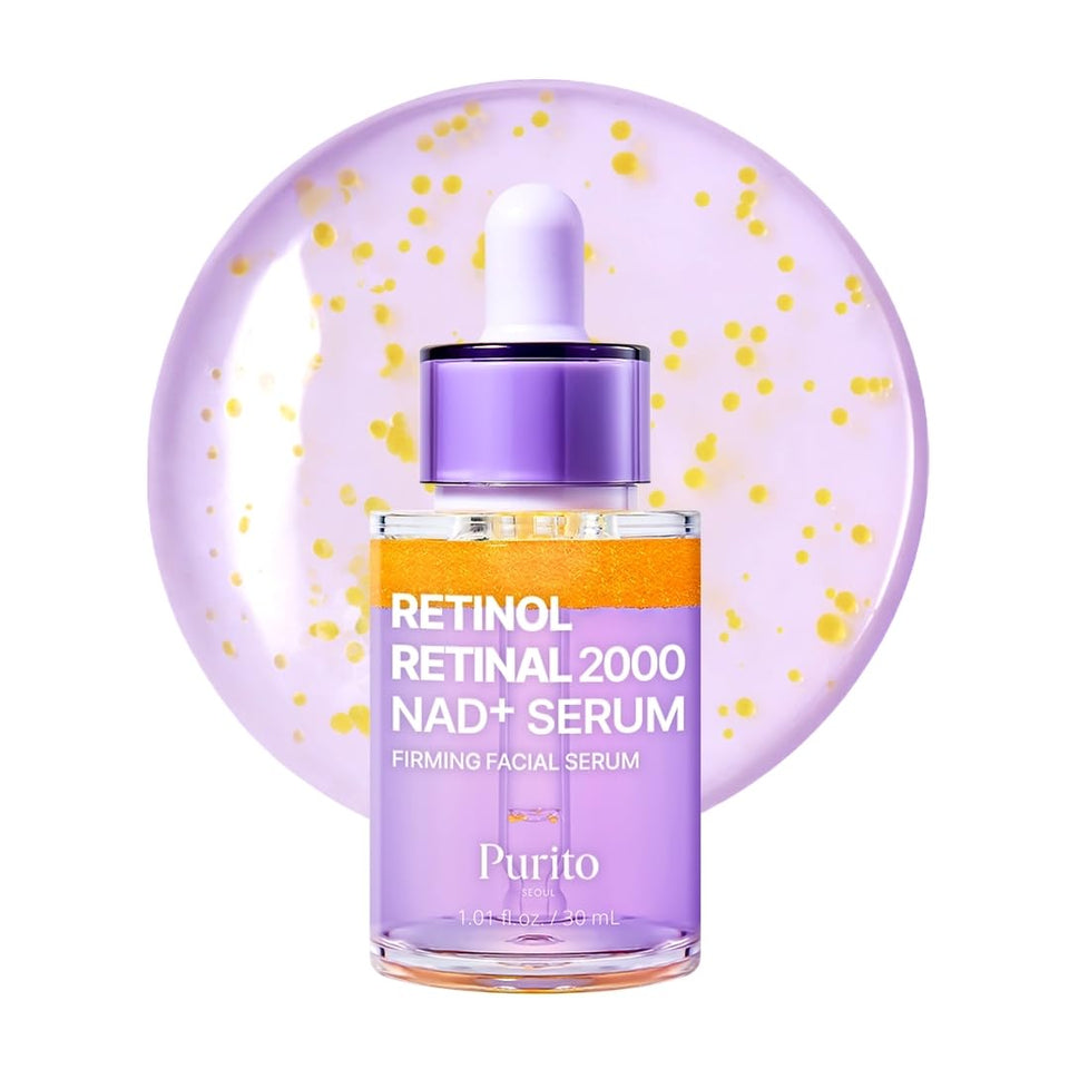 PURITO front packaging of dual retinoid serum showing product benefits
