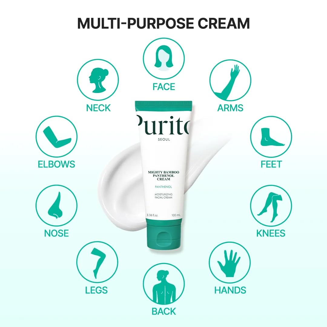 PURITO product label detail highlighting panthenol 10% and niacinamide benefits
