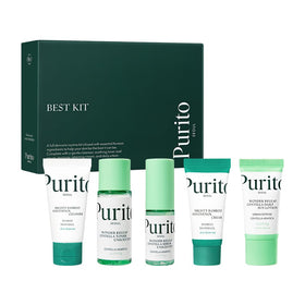 PURITO kit front packaging showing compact travel-ready skincare pieces and convenience