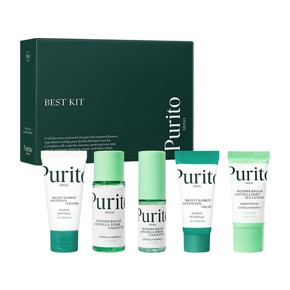 PURITO kit front packaging showing compact travel-ready skincare pieces and convenience