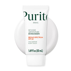 PURITO front packaging showing SPF 50 and compact travel size benefit