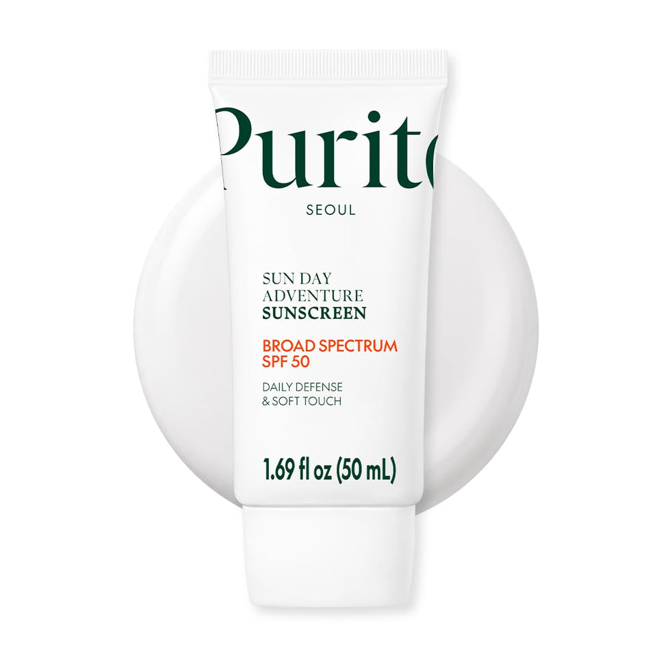 PURITO front packaging showing SPF 50 and compact travel size benefit