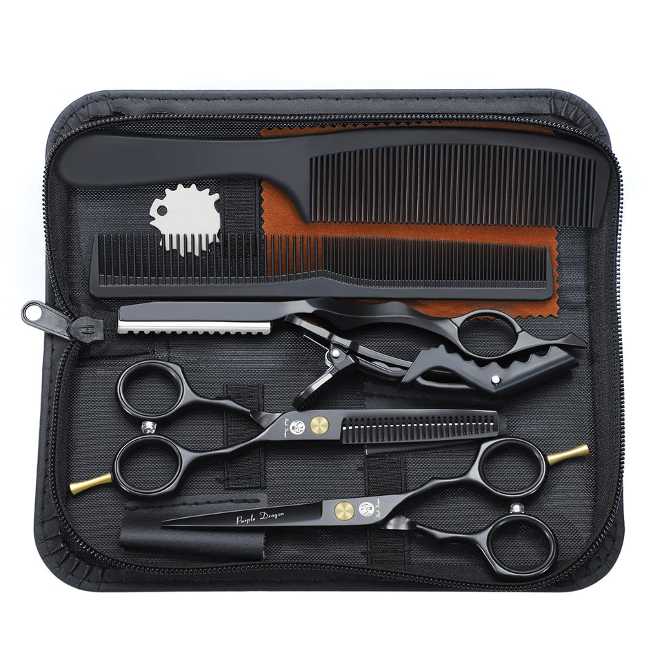 Purple Dragon front packaging showing complete black scissors set and benefits