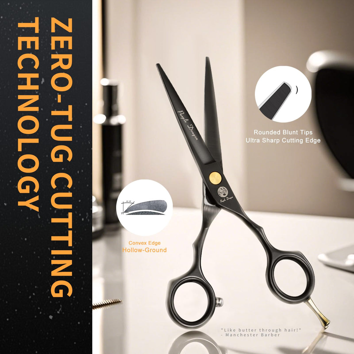 Purple Dragon scissors in use by barber demonstrating smooth cutting control