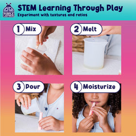 PURPLE LADYBUG pouring balm into tube demonstrating adult-supervised step