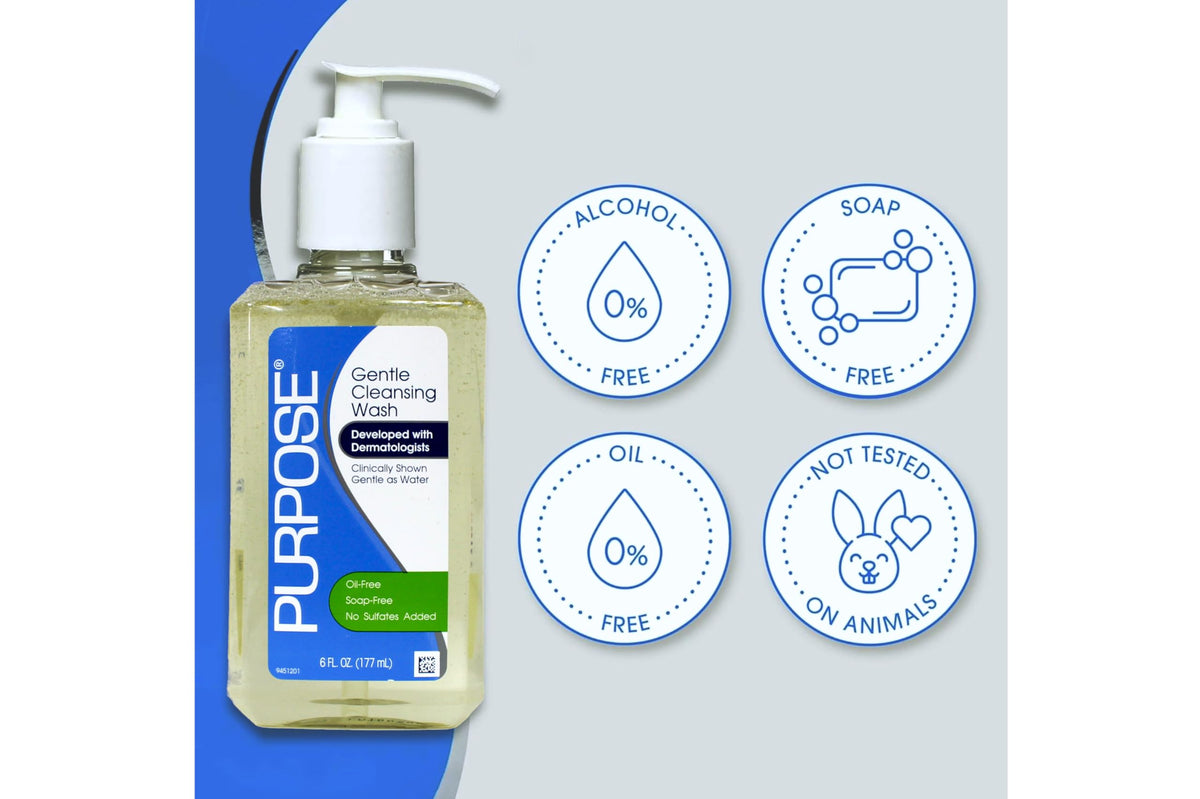 Purpose bottle on bathroom counter in lifestyle setting promoting routine convenience