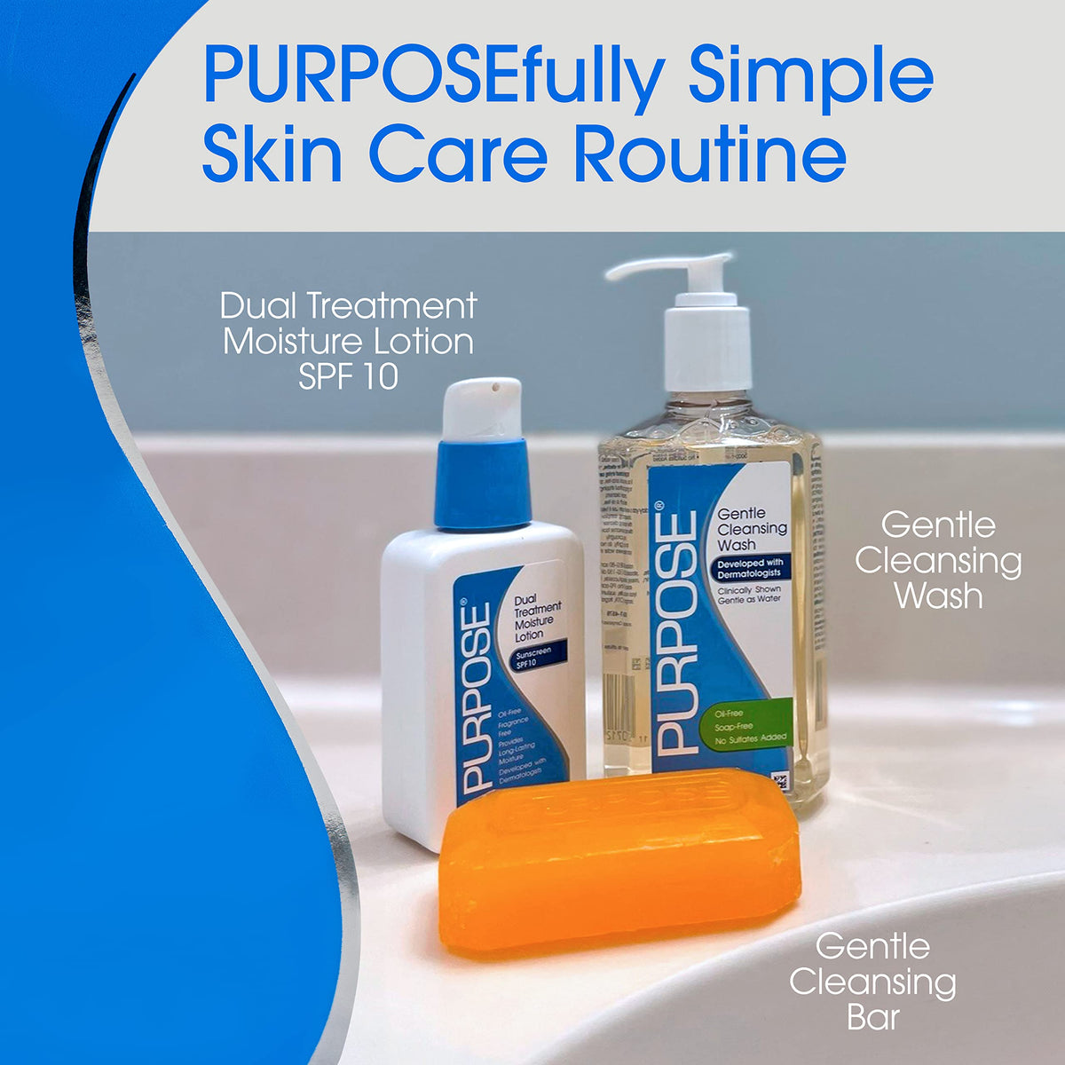 PURPOSE cleansing bar on bathroom shelf in lifestyle scene conveying daily routine simplicity