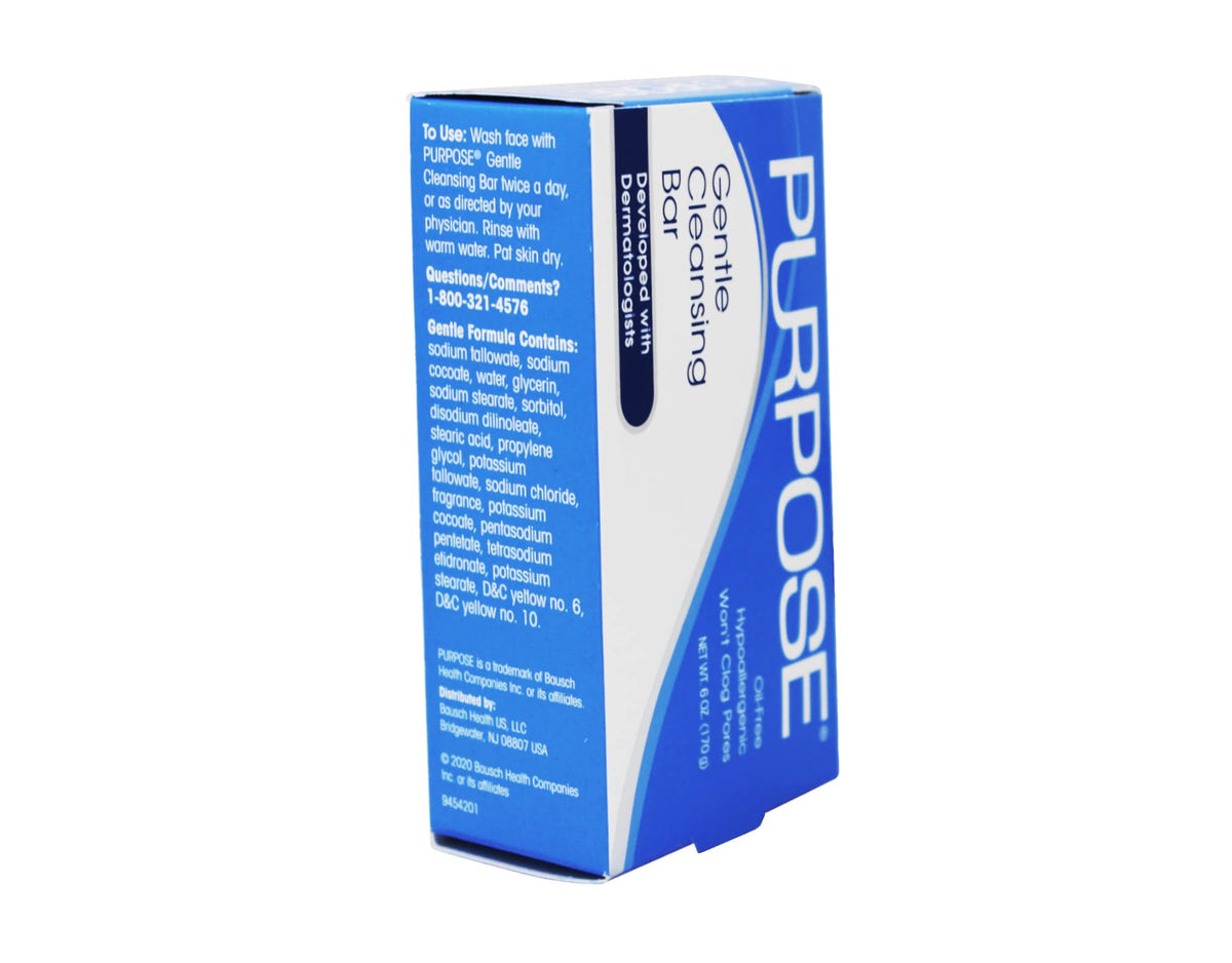 Purpose cleansing bar ingredient label closeup showing hypoallergenic and sulfate-free benefit