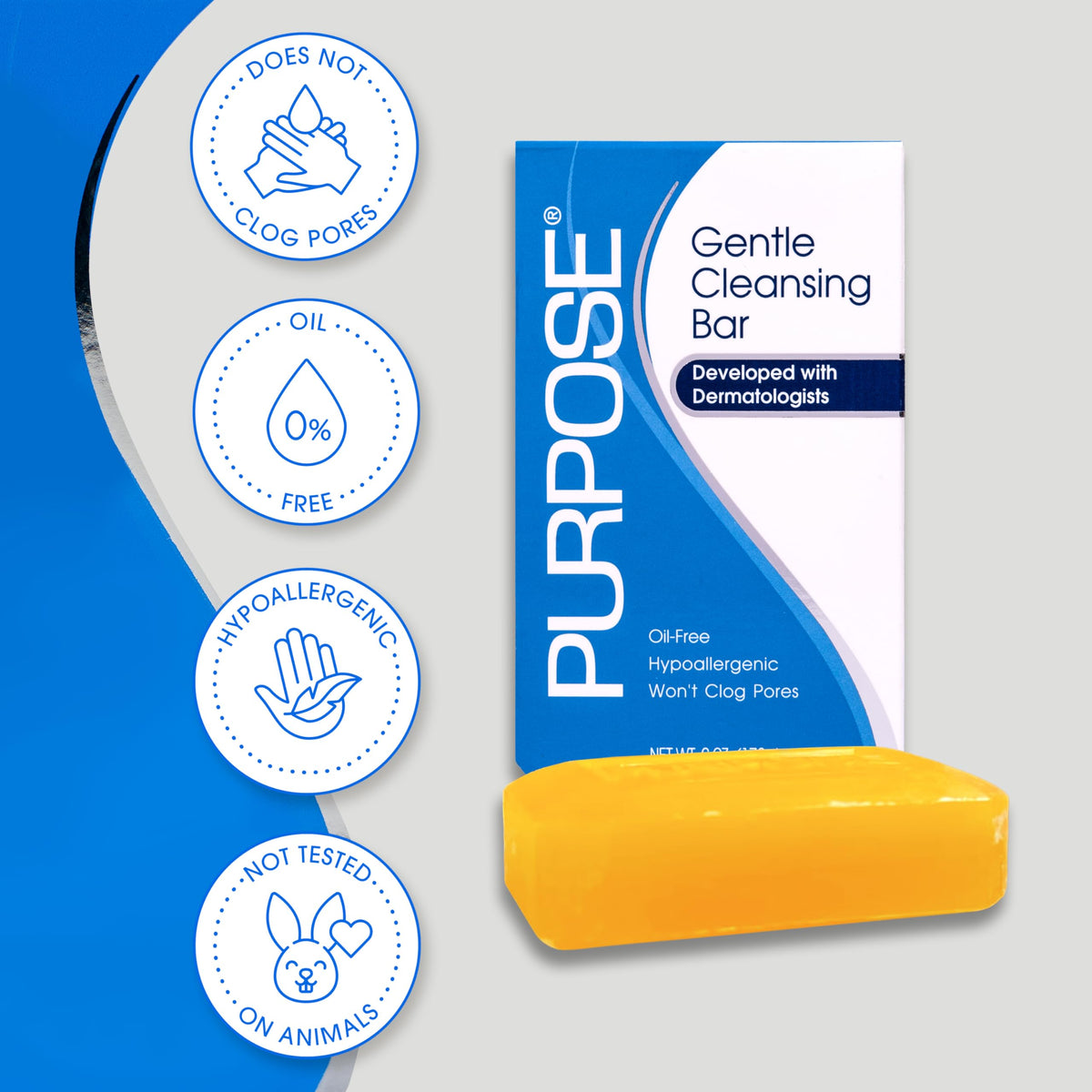 PURPOSE cleansing bar label ingredient list showing dermatologist-developed, minimal formula benefit
