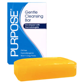 PURPOSE cleansing bar side label close-up highlighting dermatologist development