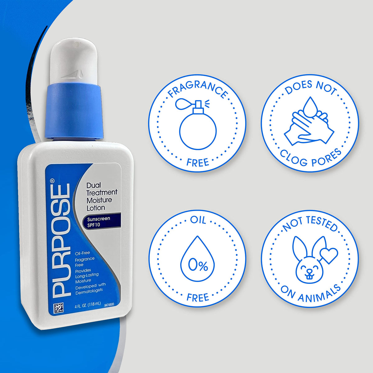 Purpose label and ingredient panel close-up highlighting oil-free, fragrance-free formula details