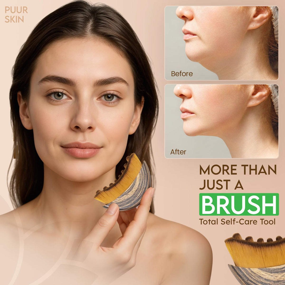 Puur House brush massaging jawline to reduce facial puffiness