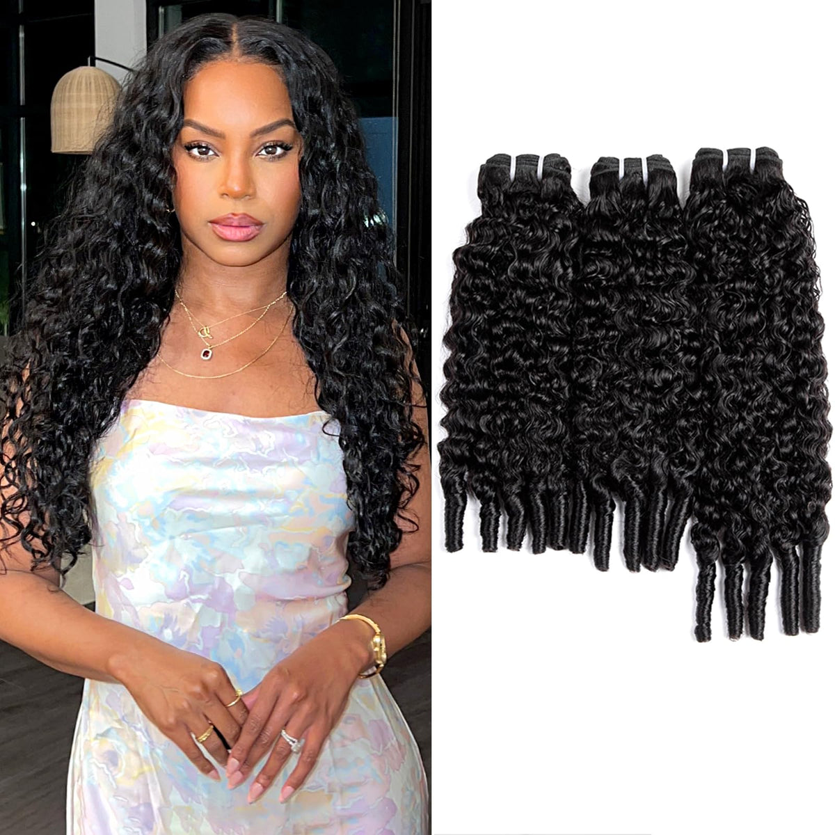 PXCPXC front view of three Burmese curly bundles showing natural black and volume benefit