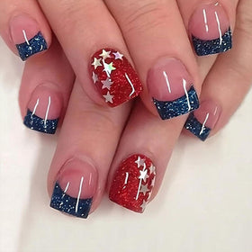 PXUEZAY front packaging showing 24-piece patriotic press-on kit and quick benefit