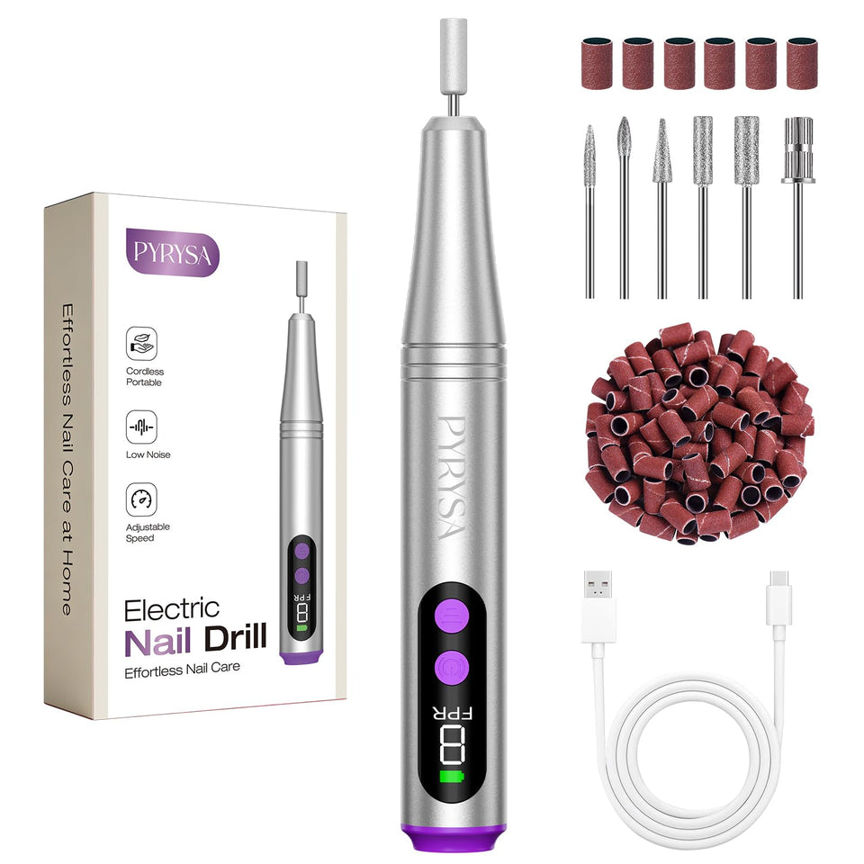 PYRYSA front packaging showing the cordless nail drill and kit contents for easy unboxing