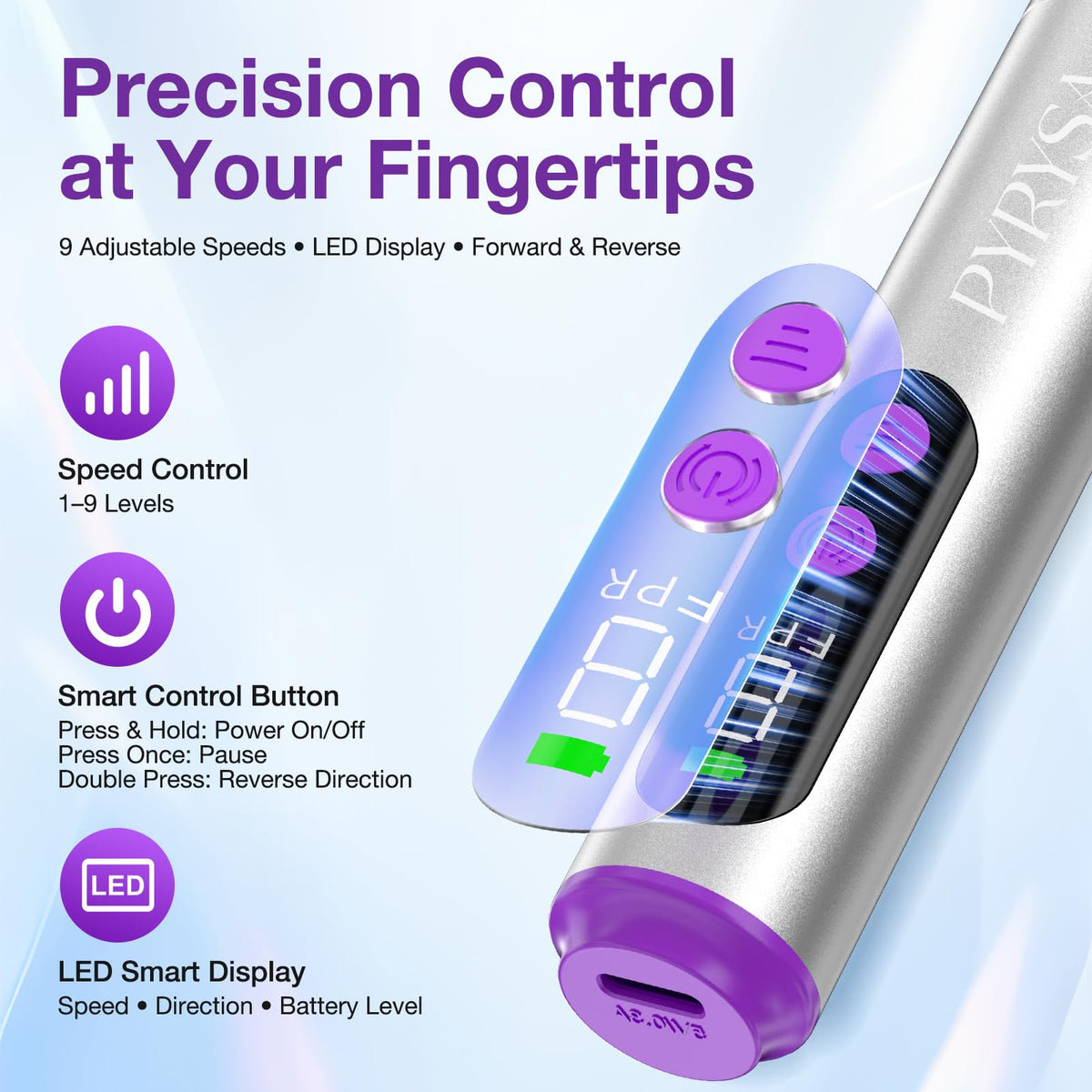 PYRYSA LED display illuminated showing speed and battery status for accurate adjustments